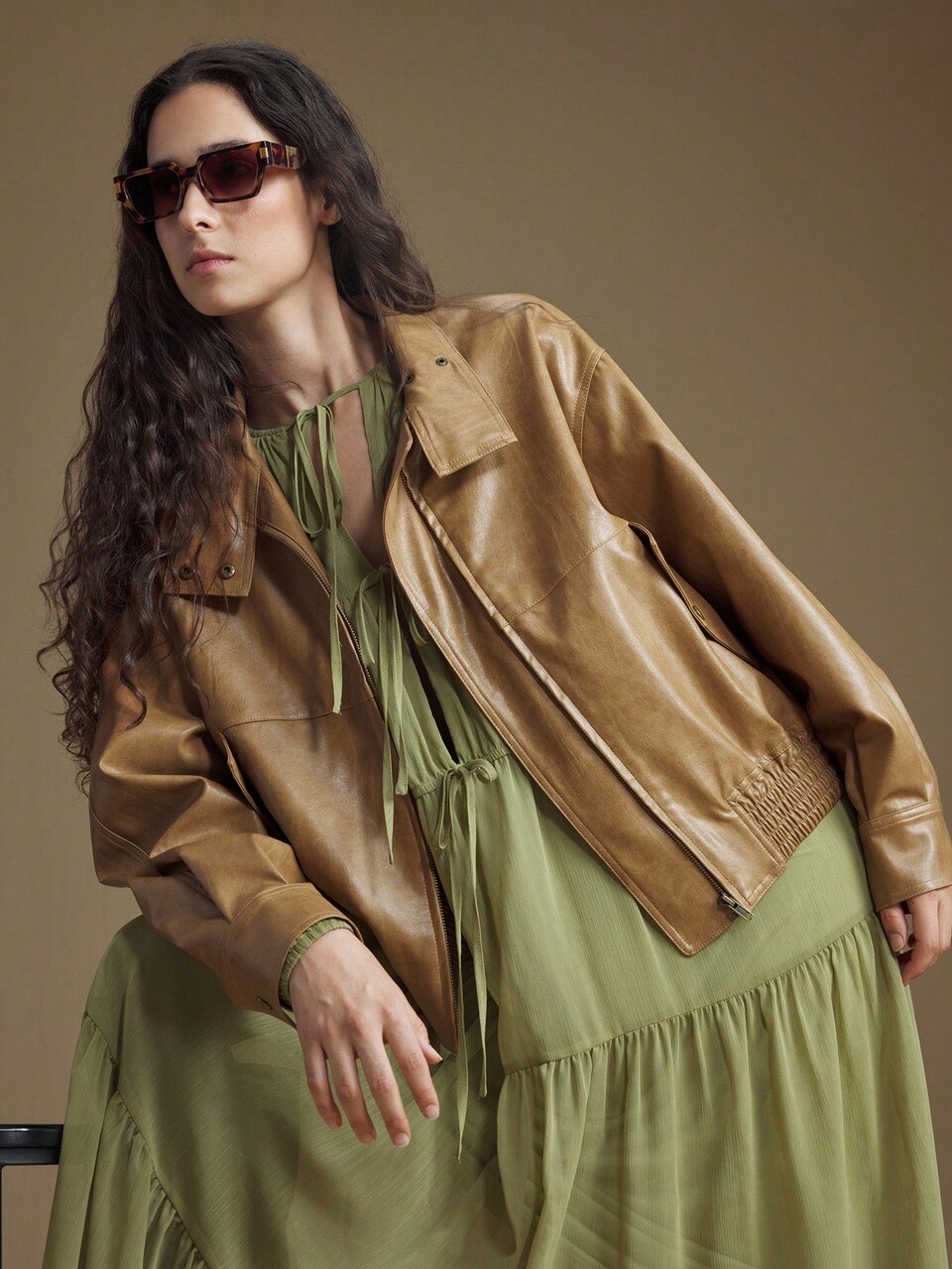 2025 Women's PU Leather Jacket,Loose Fit Retro Fashionable Commuter Style,Shades Of Brown,Autumn,Casual,Everyday Coffee Color Zipper Urban Chic Coat