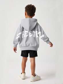 秋冬款青少年男童休闲图案印花连帽套头衫