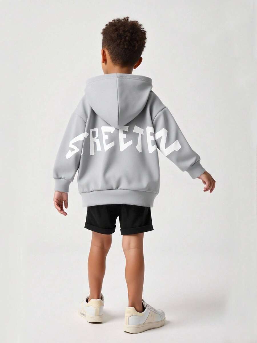 秋冬款青少年男童休闲图案印花连帽套头衫