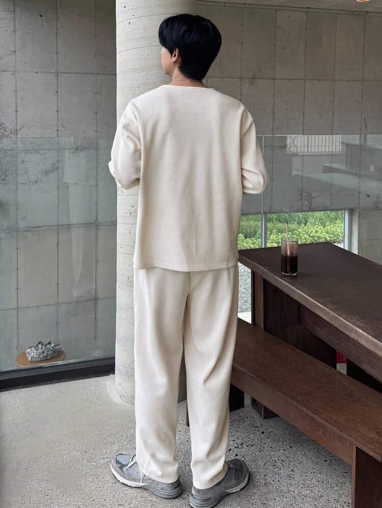 Solid Color Textured Fabric Street Style Men's T-Shirt Set, Autumn