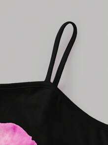 SHEIN 女童花卉图案修身休闲舒适吊带中长连衣裙 - 黑色 - 查看 5