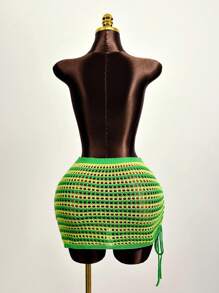 Zestiva Summer Beach Striped Drawstring Side Crochet Cover Up Skirt