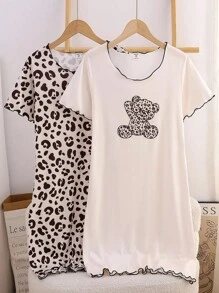 2pcs Tween Girl Round Neck Short Sleeve Leopard Print Nightgown Loungewear