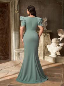 Aureia 大码优雅浪漫灰绿色方领花瓣袖腰部褶饰美人鱼下摆伴娘礼服 - 綠色 - 查看 5