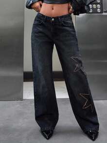 SHEIN Cottnline Low Waist Diamond Detailed Straight Jean - Black - View 6