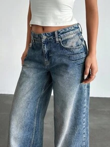 EURMUSE Low Waist Y2K Wide Leg Jeans, Minimalist & Fashionable, Suitable For Summer Women's Outfits Work Outfits For Women Women's Summer Tops Women's Spring Tops Women Summer Clothing Women Clothing Y2k Women's Summer Clothes Women Summer Sets - Dark Wash - View 6