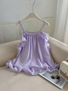 Franclia 大码女式休闲可爱荷叶边下摆甜美无袖衬衫 - 淡紫色 - 查看 1