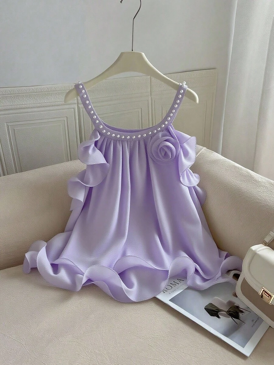 Franclia 大码女式休闲可爱荷叶边下摆甜美无袖衬衫 - 淡紫色 - 查看 1