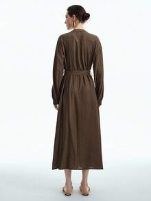 Aalyst 女士休闲纯色长袖连衣裙，前绑带设计，腰带，A 字下摆，通勤和外出百搭，秋季 - 棕色 - 查看 2