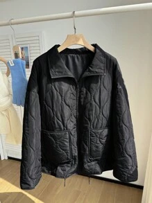 Comfortcana Plus Size Casual Solid Color Drawstring Hem Jacket, Autumn/Winter Quilted Jacket Black Jacket Fall