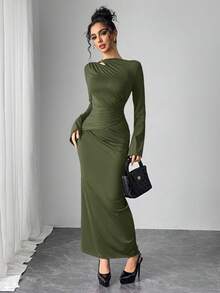 Modelyn 女式优雅纯色喇叭袖连衣裙 - 軍綠色 - 查看 6