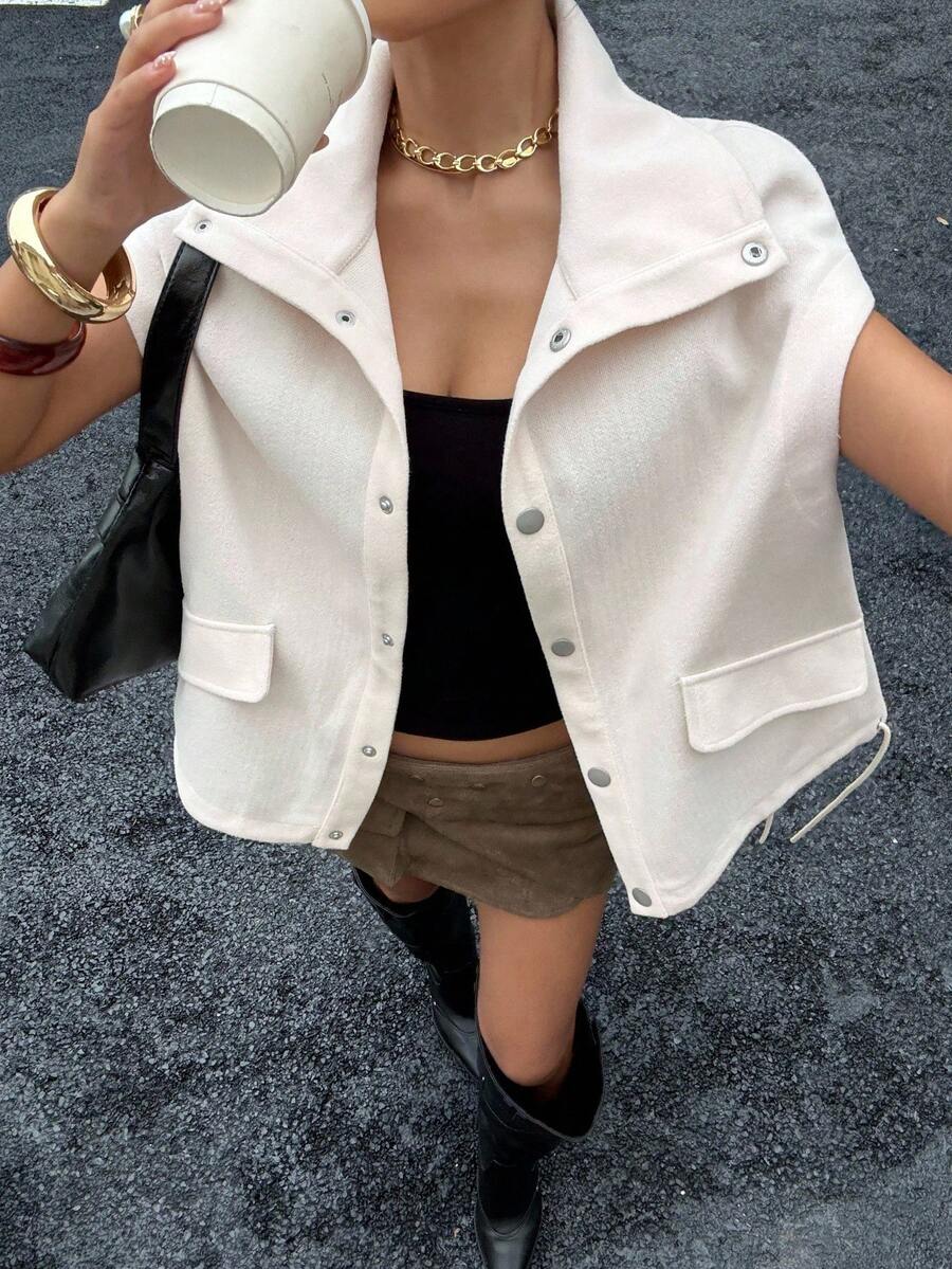 Siren Gaze 秋冬女士时尚翻领抽绳纽扣夹克 - 杏色 - 查看 1