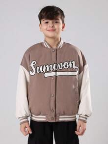 SUMWON Youth Varsity Bomber Jacket With Script Logo Design Casual Baseball Style Outerwear Fall Winter School Fashion With Text - Brown - View 2