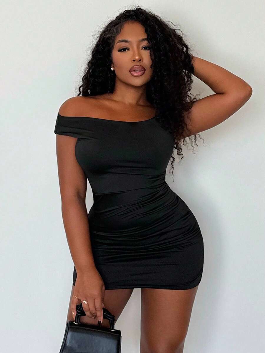 Alexandranx 不对称单肩性感紧身黑色迷你连衣裙 - 黑色 - 查看 1