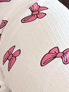 SHEIN Bộ đồ ngủ dệt kim tay ngắn cổ chữ V in nơ màu hồng dành cho nữ Bộ đồ ngủ hai mảnh dành cho nữ Bộ đồ ngủ nơ Bộ đồ ngủ dễ thương Bộ đồ ngủ phù hợp - trắng - Xem 8