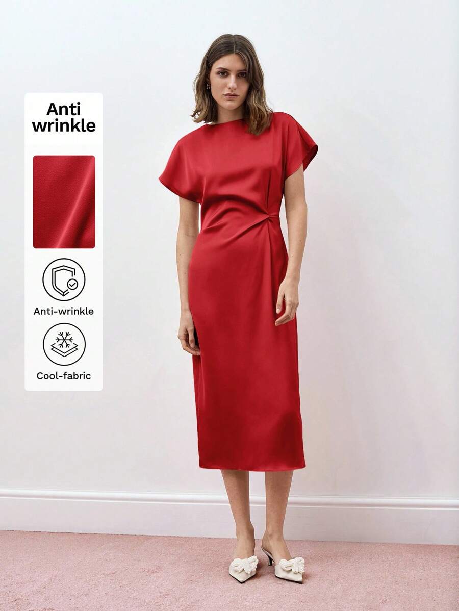 Maija Vestido casual ajustado de longitud media con cuello redondo, manga corta y cintura ceñida en unicolor. Puede usarse en vacaciones, negocios y ocio. Vestido de satén con un elegante estilo. - Rojo - Ver 1