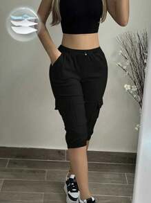 SHEIN Tall Women's Casual Elastic Waist Pockets Practical Slim Fit Cargo Pants, Medium Length Ankle Banded Pants, Spring/Summer - Black - View 1