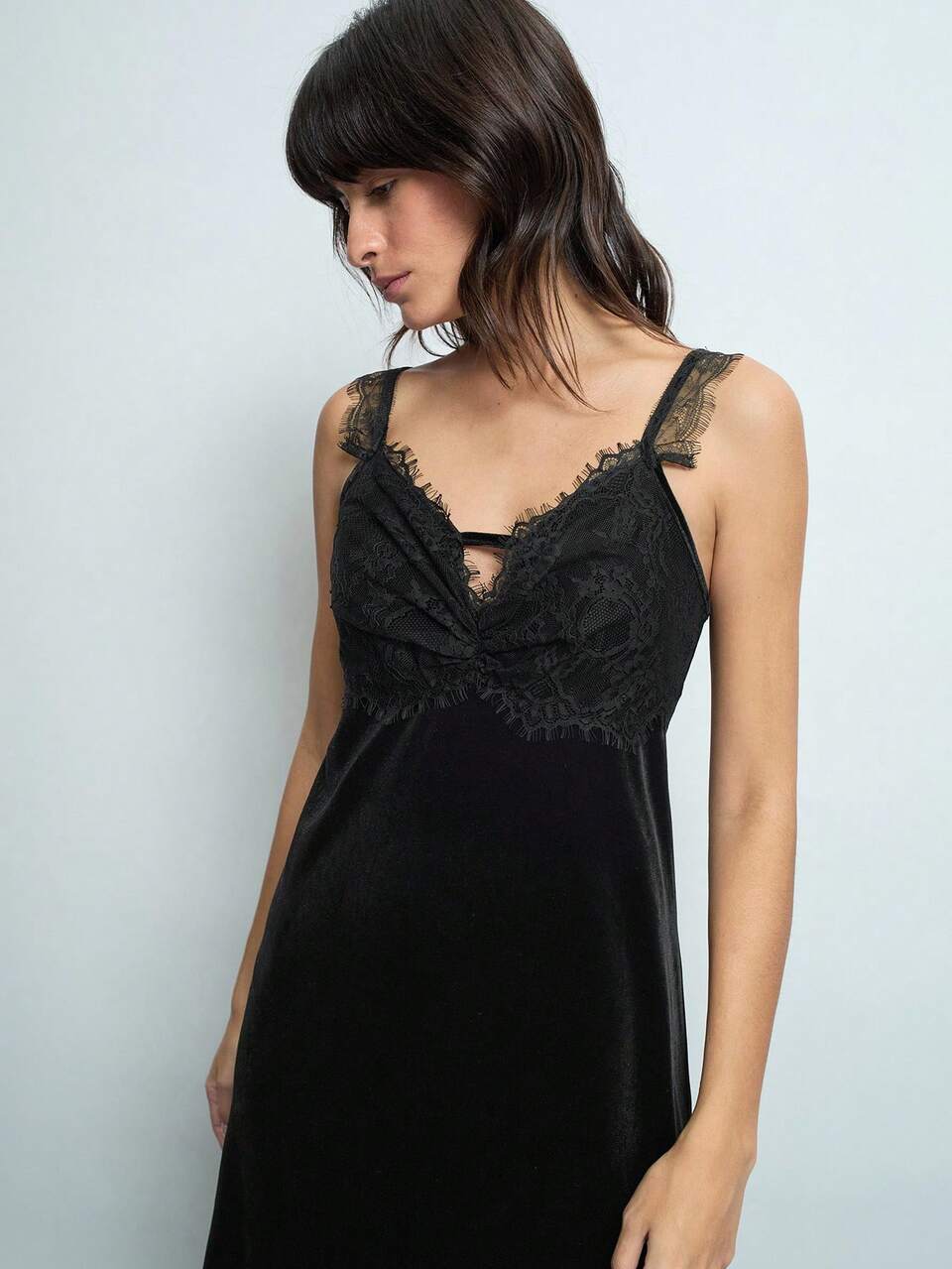 SHEIN Maija Women's New Year Party Lace Splicing Velvet Long Black Dress, Party Wear Valentines Day,Festival