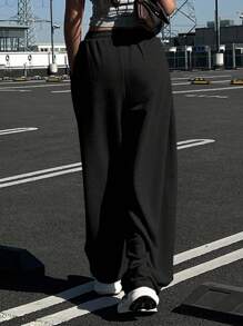 DAZY Women's Solid Color Loose Pleated Pants, Casual Sports Street Style, Thermal Lined, Autumn/Winter Sweatpants