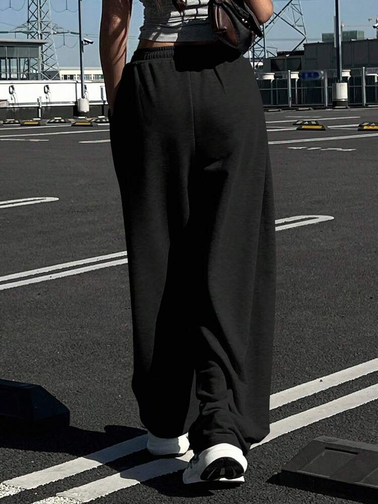 Women's Solid Color Loose Pleated Pants, Casual Sports Street Style, Thermal Lined, Autumn/Winter Sweatpants