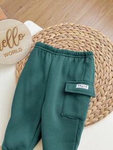 2pcs/Set Baby Boy Cute Dark Green Hoodie Sweatshirt And Elastic Waist Cargo Pants Set, Autumn/Winter Fall - Dark Green - View 6