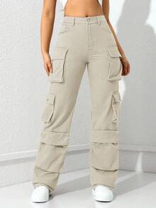 SHEIN ICON 休闲百搭纯色直筒工装牛仔裤 - 灰色 - 查看 3