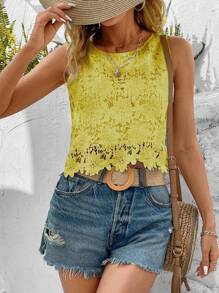 EMERY ROSE Women's Solid Color Round Neck Lace Patchwork Sleeveless Casual Blouse, Summer - Yellow - View 3