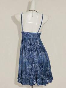 SHEIN ICON Vestido casual de vacaciones con estampado de paisley, de corte holgado, con tirantes de espagueti y malla, en estilo vintage bohemio hippie Y2K - Azul - Ver 2