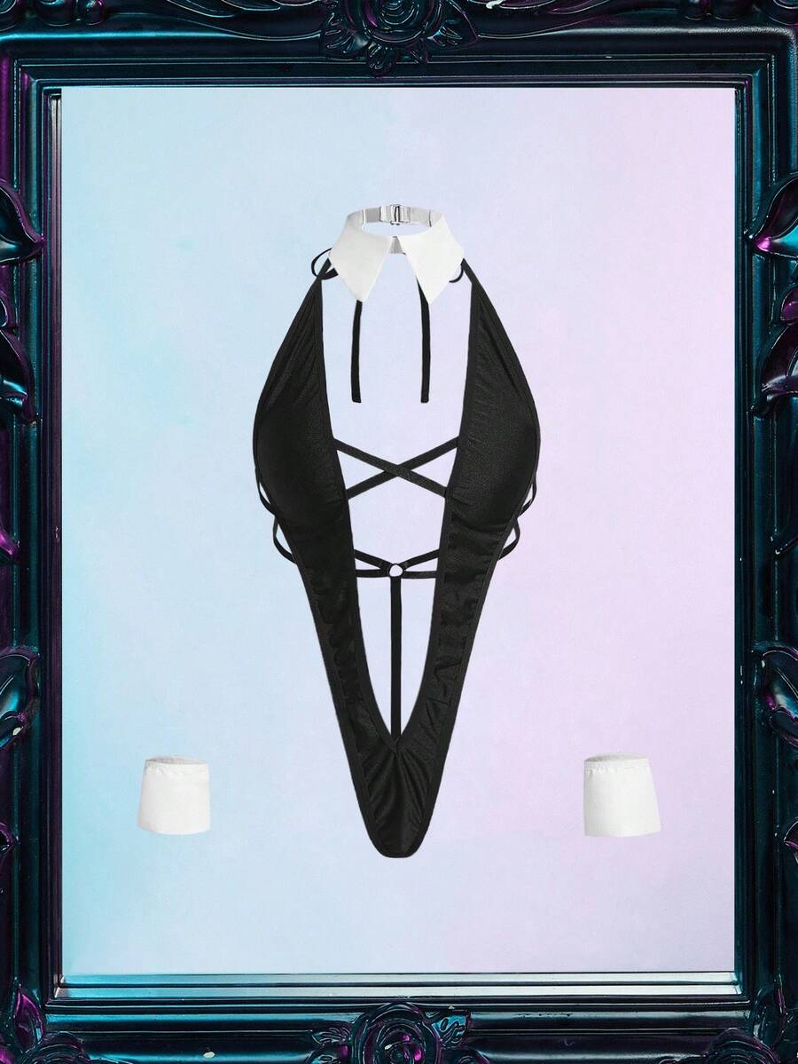 4件套女老板万圣节女仆性感俏皮OL内衣套装，黑白 - 黑與白 - 查看 1