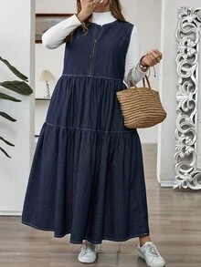 SHEIN CURVE+ 大码女式休闲宽松无袖牛仔连衣裙 - 藍色 - 查看 5