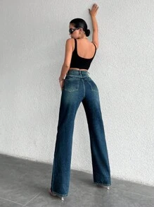 EURMUSE 99%Cotton Zipper Fly Straight Leg Jeans - Dark Wash - View 2