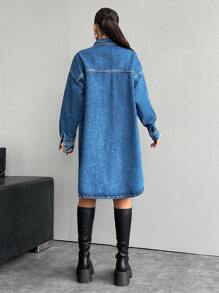 EURMUSE 100%纯棉衬衫牛仔连衣裙，大码 - 中等水洗藍 - 查看 2