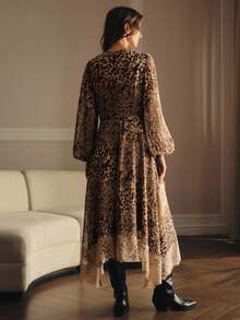 MOTF PREMIUM LEOPARD PRINT LANTERN SLEEVE LACE INSERT ASYMMETRICAL HEM DRESS - Brown - View 4