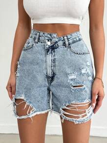 EURMUSE 100%Cotton Back Label And Belt Detailed Rigid Short - Medium Wash - View 7