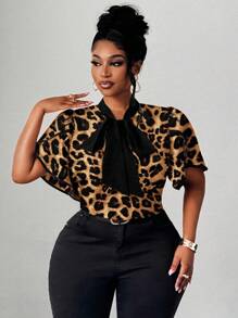 Maweii 大码女式优雅浪漫心形印花衬衫，蝴蝶结领，荷叶边和撞色边缘，适合约会和派对的全新春夏设计