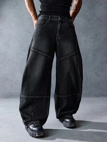 ROMWE MEN Street Life 休闲宽松直筒纽扣门襟男士破洞牛仔裤，适合日常穿着 - 黑色 - 查看 7