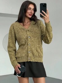 Aloruh Nouveau cardigan femme d'automne/hiver à col en V, à simple boutonnage, style mou. Tricot à manches longues, motif vintage à pois verts sur maille douce - Vert - Voir 2