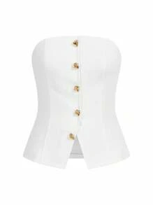 SHEIN x PRISCILA & JIMENA MOTF PREMIUM Top tubo sin tira con botón - Blanco - Ver 6