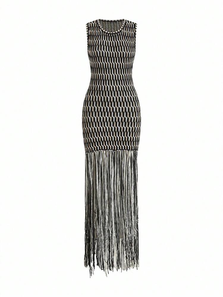 SHEIN x PRISCILA & JIMENA Handmade Weaving Black & White Tassel Strap Dress, Stylish Design For Summer , Fringe Dress