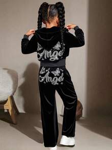 Tween Girl Velvet Rhinestone Hoodie & Fitted Pants 2pcs Suit Set, Fashion Casual Outfit For Halloween, Christmas Party, Weekends, Casual Outing Fall Winter - Black - View 8