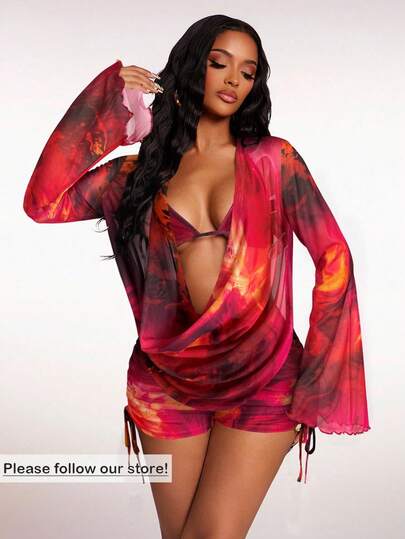 Radiana Women's Summer Sexy Sheer Mesh Marble Tie-Dye Floral Print Casual Vacation Outfit - Backless Long Sleeve Draped Neck Cover Up + Spaghetti Strap Bra Top + Drawstring Ruched Shorts 3-Piece Set, Island Holiday Beach Wear, Bikini Cover Up