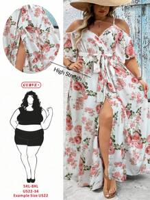 SHEIN CURVE+ 大码浪漫花卉印花裹领夏季波西米亚风连衣裙，Curve Plus，波西米亚风女士度假海滩装/沙滩裙/海滩度假装/海滩必备品/毕业/茶会礼服