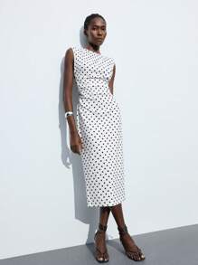 Maija Women's Elegant Polka Dot Print Slim Long Dress, Summer Polka Dot Dress White Polka Dot Dress Black And White Polka Dot Dress White Dress With Black Polka Dots Polkadot Dress Pokadot Dress,Autumn Outfits For Women, Christmas Women's Clothing - White - View 5