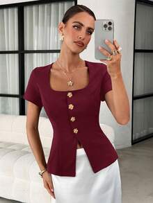 Lavishia 女士方领金属花朵纽扣背心，时尚优雅夏季女装度假休闲商务休闲可爱夏季女式衬衫 - 酒紅色 - 查看 7