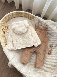 2pcs Newborn Baby Boy/Girl Cute Fluffy Hooded Jacket And Overalls Set, Autumn/Winter Baby Teddy Bear Outfit Winter Baby Clothes Sets Baby Bear Jacket Baby Hooded Cardigan Baby Set Autumn Winter Season Fall - Brown - View 2