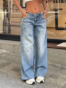 EURMUSE 100%Cotton WOMEN SOLID COLOR WIDE LEG LOW WAIST JEANS - Medium Wash - View 10