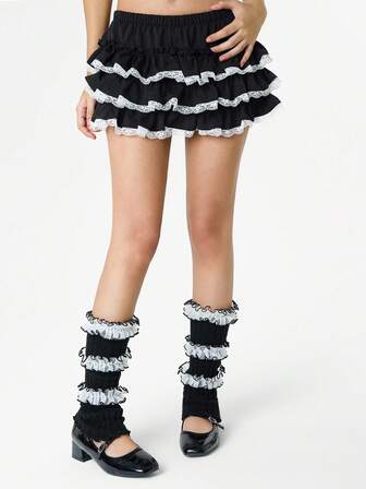 Kawaii 1 Paar süße schwarze einfarbige Beinwärmer, vintage 3-lagige Rüschenkante Oberschenkel-Beinwärmer, College-Stil Beinwärmer