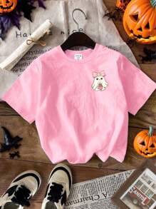 SHEIN Girls' Halloween Ghost Pumpkin Shirt Pink And White,Summer,Cute,City Break Oversized Tween Girl Creative Grid Bow Graphic Print Short Sleeve T-Shirt - Pink - View 2