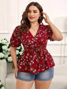 Reflora 大码花卉印花短袖衬衫，裹身款式，V 领，适合夏季 - 紅白色 - 查看 4