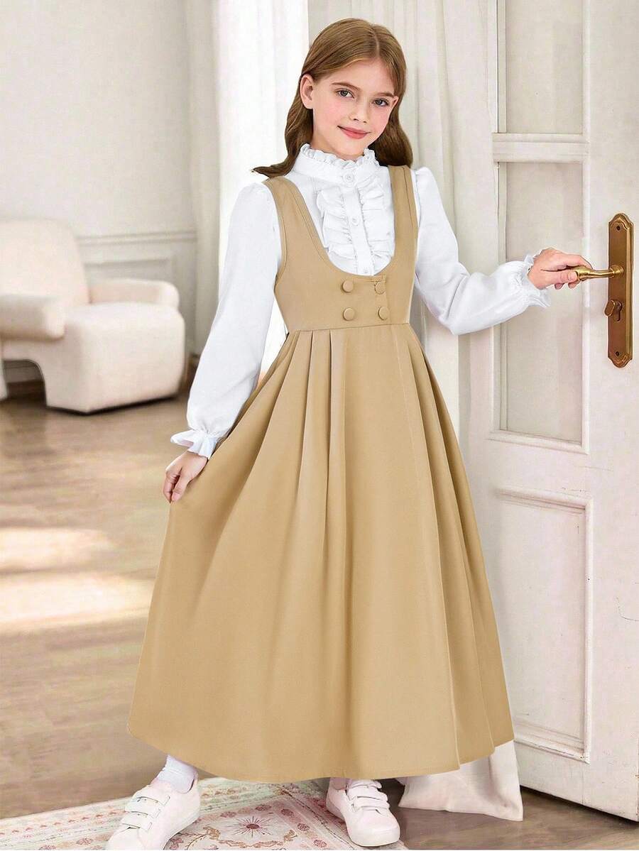 SHEIN Sparklyn Vestito da pinafore per ragazza pre-adolescente con camicia bianca a maniche lunghe, outfit casual - Cachi - Visualizzare 1